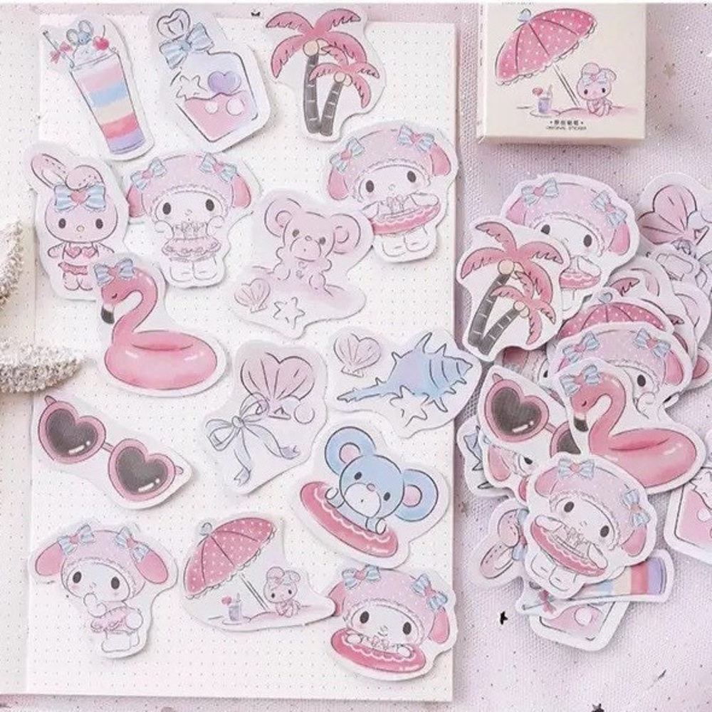 Kawaii Animals Enjoying Summer, Flamingo Float, Sunglasses, 45 Deco Stickers